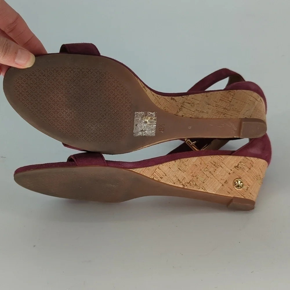 Tory Burch Savannah Suede Cork Wedge Purple 8.5 open toe summer preppy casual